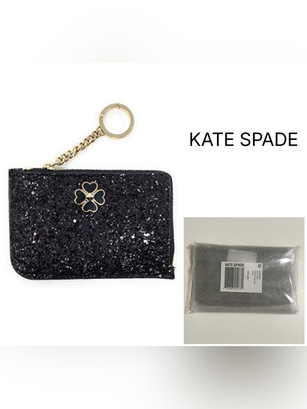 KATE SPADE - NWT - BLACK SPARKLE GLITTER CARD HOLDER WALLET KEYCHAIN / FOB